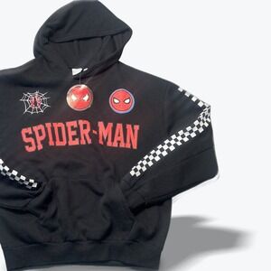 Marvel Spider-Man Black Graphic Hoodie Mens Medium‎ Checkered Sleeve New
